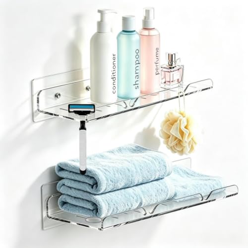 Acrylic Shower Shelves, Adhesive Shelf, Floating Shower Caddy Organizer for Home Decor,Clear Shower Shelf,No Drilling Wall Mounted Bathroom Shelves
