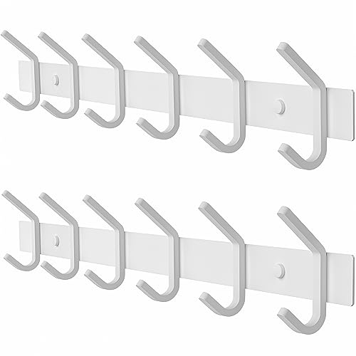 White Coat Rack Wall Mount – 17 Inch Stainless Steel Hook Rail with 6 Heavy Duty Double Coat Hooks – Wall Mounted Coat Hanger for Entryway, Bathroom, Bedroom, Towel, Hat Organizer - 2 Pack - color: White, size: 6 Hooks - 2 Pack