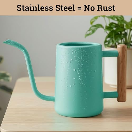 Metal Small Indoor Watering Can with Long Spout & Real Wood Handle, 35oz | Long Spout, Stainless Steel, Real Wood Handle, Gentle Flow, No Spills, Suitable for House Plants, Succulents & Seedlings - color: Mint Green