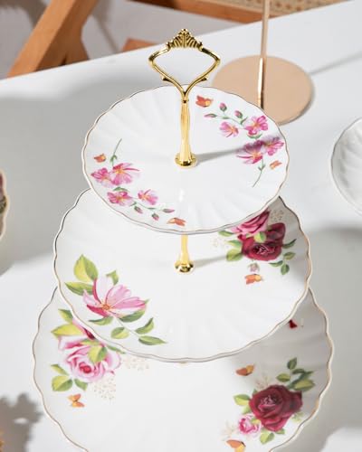 Sweejar 3 Tier Ceramic Cake Stand Wedding, Dessert Cupcake Stand for Tea Party Serving Platter (Fresh Flower) - color: Fresh Flower