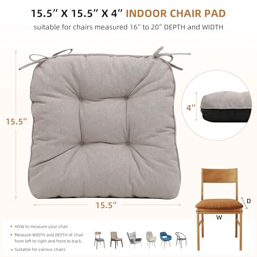 RACE LEAF Khaki Chair Cushions 4 Pack, 15.5" X 15.5" Indoor Seat Cushions, Tufted Memory Foam Dining Room Chair Pads with Ties and Non-Slip Backing - color: Khaki