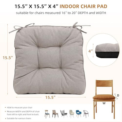 RACE LEAF Khaki Chair Cushions 4 Pack, 15.5" X 15.5" Indoor Seat Cushions, Tufted Memory Foam Dining Room Chair Pads with Ties and Non-Slip Backing - color: Khaki