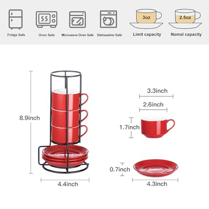 YOLIFE 2.5oz Espresso Cups Set of 4, Porcelain Stackable Espresso Cups, Expresso Shots Cup Set with Saucers and Metal Stand-Red - color: Red, size: 2.5oz