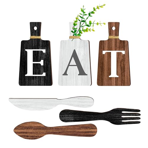 JINRICH 6 Piece Kitchen Decor Chopping Board Eat Sign Forks and Spoons Wall Decor Wooden Restaurant Hanging Sign Rustic Farmhouse Wall Art Home Decor（black, white and brown） - color: black, white and brown