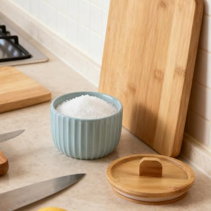 Salt Cellar Keeper with Bamboo Lid, 14oz Big Capacity Ceramic Sugar Bowls Pepper Box, Crackle Glaze Seasoning Container Condiment Pot for Kitchen (Cyan Color) - color: Cyan