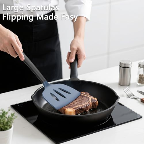 Coukre 3 Pack Silicone Spatula Set, Heat Resistant to 500°F, BPA-Free | Fish Spatula, Solid & Slotted Turners, Dishwasher Safe, Spatula Set for Eggs, Pancakes, Fish & Burgers, DarkBlueBlack - color: DarkBlueBlack