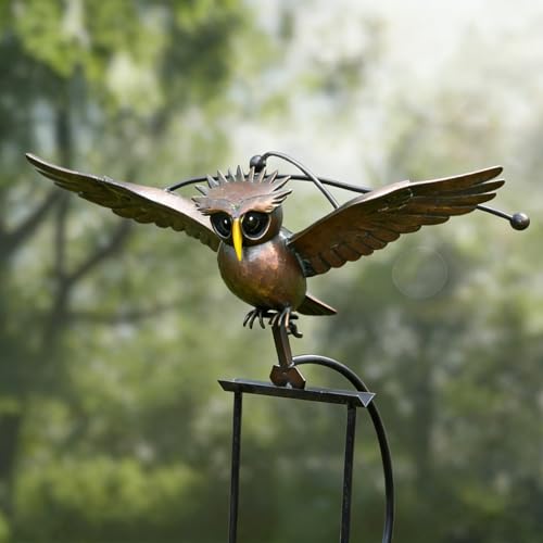 Metal Owl Garden Stake Decor, Owl Garden Rocker Outdoor Metal Owl Sculpture, Kinetic Owl Decorative Garden Stakes for Outdoor Garden Lawn Yard (Standing Owl) - color: Standing Owl