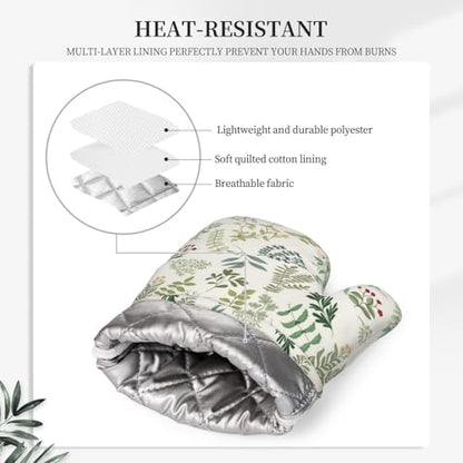 Wildflowers Herbs and Leaves Oven Mitts and Pot Holders Sets Silicone Beige Floral Kitchen Oven Mitts Hot Pads Heat Resistant Potholders Kitchen Mitts Set for Baking BBQ Cooking - color: Beige