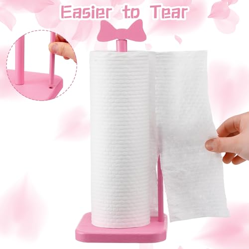 Leinuosen Pink Bow Paper Towel Holder Coquettish Cute Bow Wooden Paper Towel Holder Pink Bathroom Countertop Accessories Kitchen Roll Stand Organizer Standing Apartment Decor Housewarming Gift - style: Bow