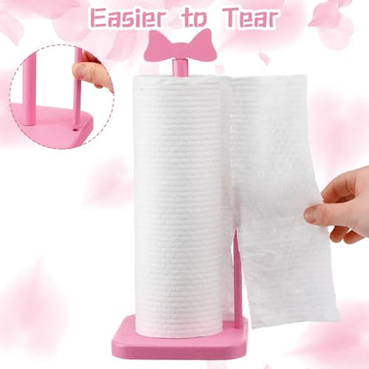Leinuosen Pink Bow Paper Towel Holder Coquettish Cute Bow Wooden Paper Towel Holder Pink Bathroom Countertop Accessories Kitchen Roll Stand Organizer Standing Apartment Decor Housewarming Gift - style: Bow