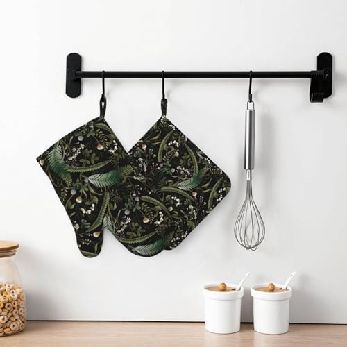Mushrooms Oven Mitts and Pot Holders Sets Silicone Forest Plants Wild Berries Herbs Ferns Kitchen Oven Mitts Hot Pads Heat Resistant Potholders Kitchen Mitts Set for Baking BBQ Cooking - color: Black Green