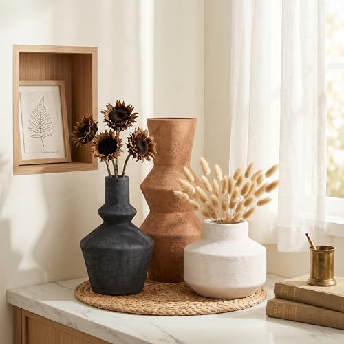 DREAMLOOM Modern Modern Ceramic Vase Set of 3, Rust | Funnel Shaped, Farmhouse Rustic, Pampas Grass, Home Decor, Living Room Bedroom Kitchen Shelf Centerpiece - color: Rust Red Combo - Funnel-shaped