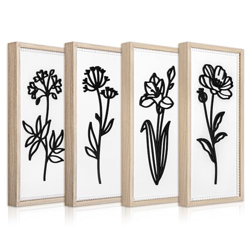 White Floral Bathroom Wall Decor Set of 4, Wood-Framed 3D Gallery Wall Art | Raised floral cutouts in rectangular frames, ready to hang; neutral boho farmhouse gallery decor for bedrooms and hallways - color: White-4 Rect