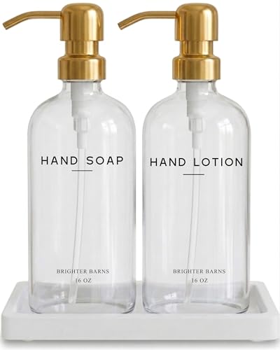 Luxury Glass Soap Dispenser Bathroom Set by Brighter Barns - Refillable Liquid Hand Soap and Lotion Dispenser Set with Tray and Pump - Gold Bathroom Decor for Guest House, Modern Airbnb (Clear/Gold) - color: Clear/Gold Sl
