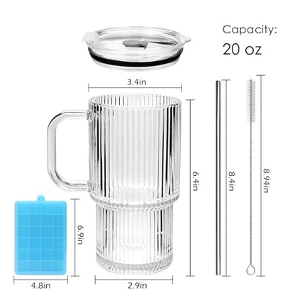 Accguan 6Pack 20oz Ribbed Glass Tumbler with Handle, Straw and Lid | Glass Cup, Reusable lced Coffee Cups with lids for Smoothie,Coffee,Juice,Tea,Travel Mug,Cold & Hot Beverages - size: 20oz with handle-6pcs