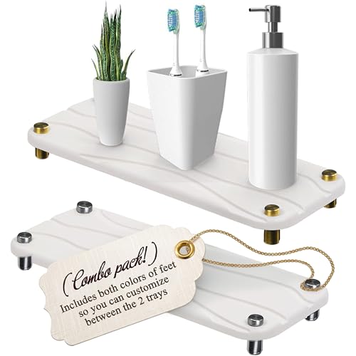 Stone Drying Tray, Diatomite Sink Caddy, White | Kitchen Sink Organizer, Water Absorbing Bathroom Counter Mat, Absorbent Kitchen Soap Tray, w Silver & Gold feet - color: White & Silver