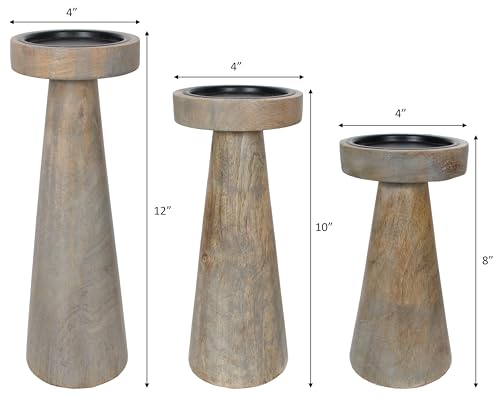 Set of 3 Pieces Wood Pillar Candle Holders, Mango Wooden Candlesticks Holders 12 Inch, 10 Inch, 8 Inch Height (Gray Wash) - color: Gray Wash