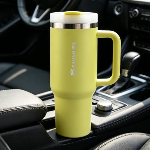 Insulated Tumbler, Lime Green, 40 oz | Stainless Steel Vacuum, Handle and Straw, Leak Resistant Lid, Fits Car Cup Holder - color: LIME YELLOW, size: 40 oz