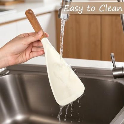 Cooking Spoon for Nonstick Cookwares, Multifunction Spatula Spoon, Great for Both Cooking and Serving, Wood Handle Spoon for Stirring, Mixing, Serving (2, WHITE) - color: White