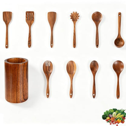 11 Pcs Acacia Wood Kitchen Utensils Set with Storage Holder, Handcrafted Natural Wooden Cooking Tools, Gentle for Non-Stick Cookware, Farmhouse Kitchen Decor & Ideal Housewarming Gift Style-D