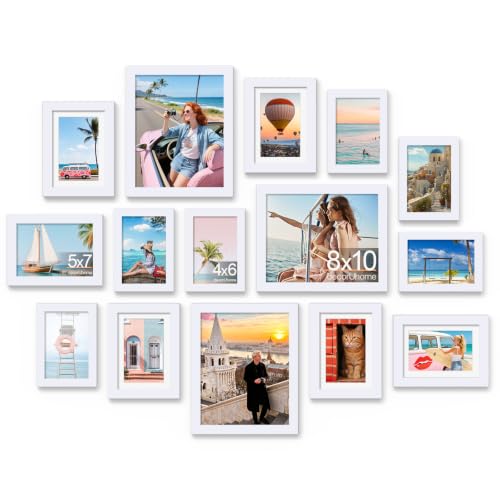 decorUhome 15 Pack Assorted Picture Frame Set for Wall & Tabletop, PF15WT | White, Includes Three 8x10 / Six 5x7 / Six 4x6 Multi Size, MDF Frame with Plexiglass Cover - color: White