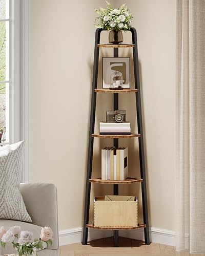 Corner Shelf, 5-Tier Ladder Corner Shelf, Ladder Bookshelf, 59.6" Tall Vertical Display Stand, Metal Frame Bookshelf, for Living Room, Bedroom, Kitchen, Rustic Brown and Black TCJ20BF - color: Rustic Brown and Black