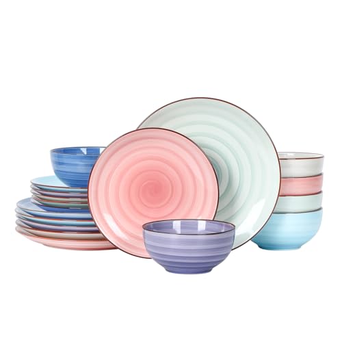 Selamica Ceramic Dinnerware Sets for 6, 18 Pieces Plates and Bowls Set, Scratch Resistant Dishes Set, Handpainted Swirl with Spot Dishwasher & Microwave Safe, Gradient Color - color: Gradient Color, size: 18 Pieces