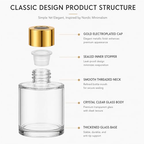 50ml Clear Glass Reed Diffuser Bottles Set of 4 Empty Aromatherapy Bottles with Gold Cap, Round Essential Oil Diffuser Container for Home Fragrance, DIY Scent, Bathroom, Office Decor