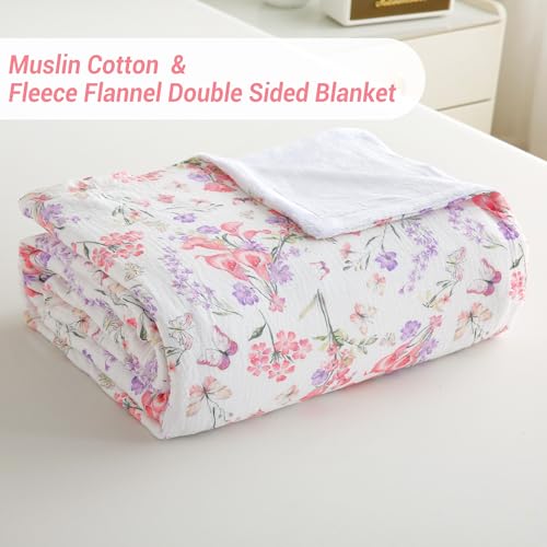 Viviland Cotton Muslin Reversible Fleece Blanket Lightweight Breathable Gauze Queen Size 90 x 90 Inches Pink Purple Flowers - color: Pink Purple Flowers, size: Queen Size (90 X 90 Inches)