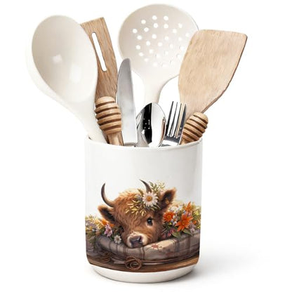 Highland Cow Ceramic Utensil Holder for Kitchen Counter, Farmhouse Rustic Highland Cow Decor 5.4" Kitchen Cooking Crock Utensil Holder for Countertop