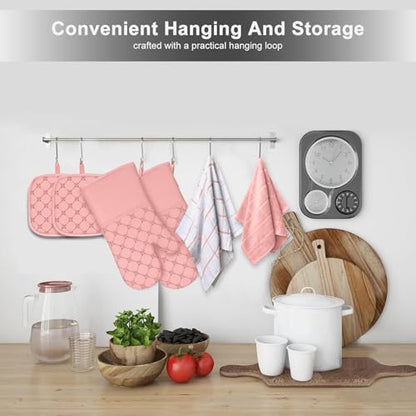 Oven Mitts Kitchen Towels Dishcloths with Pot Holders Sets 12PCS, Dish Towels Sets, Oven Gloves Pot Pads Heat Resistant 500 Degrees with Non-Slip Silicone Surface for Cooking Baking Grilling-Pink - color: Pink
