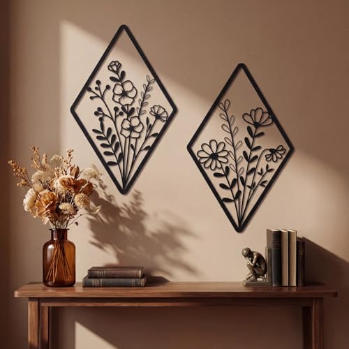 PullCrease 2 Pcs Metal Wall Art, Metal Flower Wall Decor, Modern Floral Art for Living Room, Bedroom, Bathroom, Rustic Farmhouse Decor, Sculpture Kitchen Decoration (Black) - color: Black