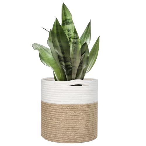 11" Wicker Plant Basket, Jute Spliced Cotton Rope Woven Basket Planter for 10 inch Pot, Indoor Decorative Flower Pot Cover, Boho Bin for Artificial Trees, Small Round Bin for Decor - color: White and Jute, size: 11"x11"