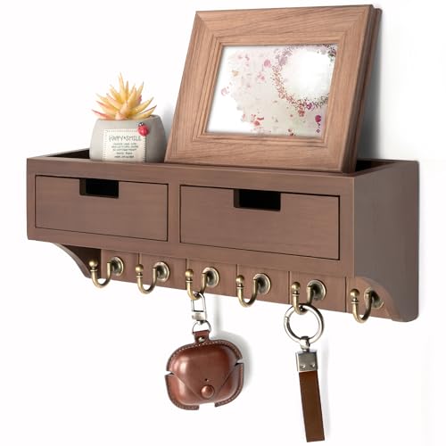 Rebee Vision Key Holder Wall Mount with Shelf for Entryway, Vintage Brown | Key Holder for Wall, 2 Drawer Organizer, 6 Key Hooks, Floating Shelf, Plant Display, Rustic Home Decor, Apartment Essentials - color: Brown, style: 2-Drawer