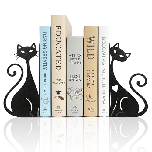 ENCIMART Atomic Cat Bookends for Shelves, Black Metal Decorative Book Ends | 1.5mm Heavy Duty Book Stoppers for Home & Office Desk Bookshelf Decor Gift for Cat Lovers and Reading Enthusiasts - color: Black Atomic Cat