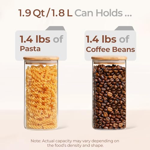 ComSaf Glass Storage Containers wtih Lids 1.9 Qt, Set of 3 Food Storage Jar | Pantry Storage Containers, Glass Jar, Square Canisters, Bamboo Lid with Silicone Seal, Cookie, Cereal, Coffee, 61oz, BPA Free - size: 1.9Qt*3