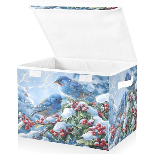 senya Winter Baskets Collapsible Storage Bins with Lids, Blue Bird Evergreen Branch Storage Boxes Clothes Baskets for Organizing - color: Winter Bird