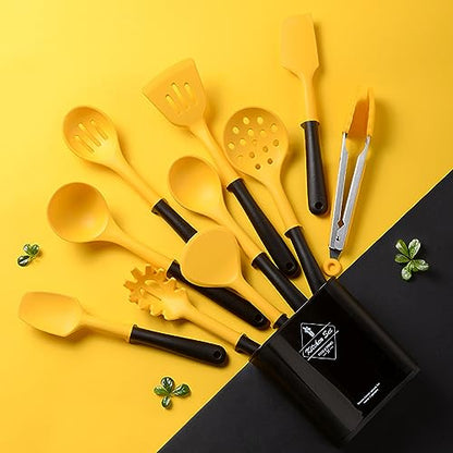 11pcs/set Yellow and Black Silicone Kitchen Utensils Set Kitchen Cooking Utensils With Holder Storage Heat Resistant Non-stick Cooking Tools Kitchen Gadgets Tools Set - color: Yellow and Black Kitchen Utensils