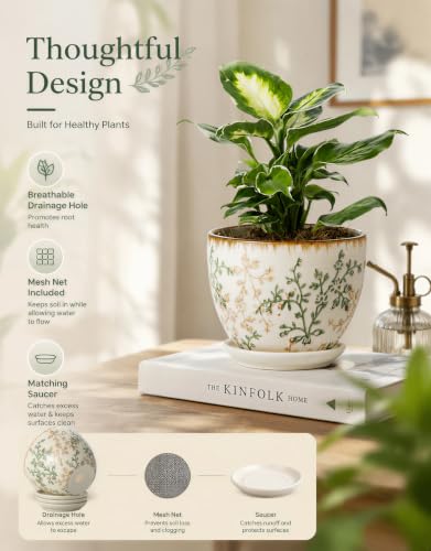 Retro Ceramic Garden Pots, 5.8 Inch Plant Pots with Drainage and Attached Saucer Set of 4, Chinoiserie Floral Large Flower Pots for Home Decor, Plant Lover Gifts, White Green - size: 5.8 inch, set of 4