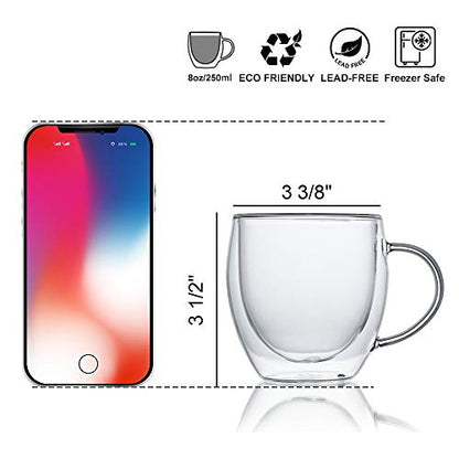 KitchenTour Insulated Coffee Mug 8 oz- Double Wall Glass Coffee Cup with Handle Set of 4 - Clear Glass Drinkware for Espresso，Cappuccino, Latte，Hot Beverages - style: 8oz