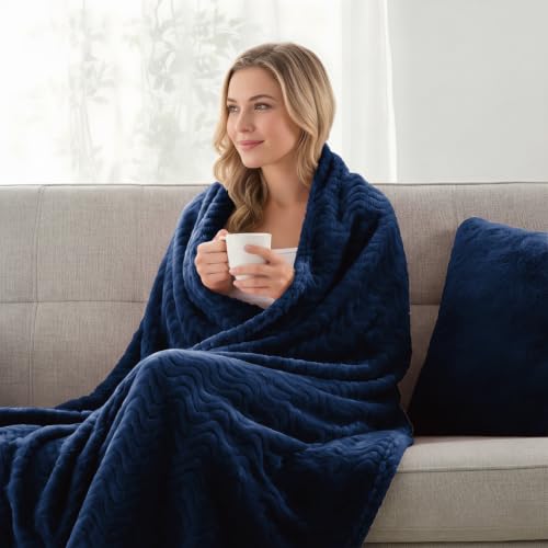 Exclusivo Mezcla Soft Fleece Blanket King Size, Cozy Lightweight Blankets with Decorative Wave Textured Suitable for All Season Use, Navy Blue, 90x104 Inches | 90"x104" Breathable Lightweight Flannel Blanket for Summer, Plush Cozy Jacquard Wave for Home D