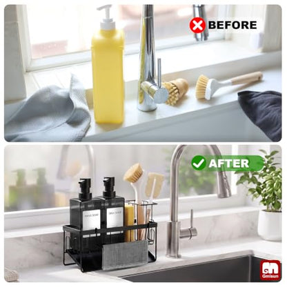 GMISUN Dish Soap Dispenser for Kitchen, 12 fl oz Dual Kitchen Soap Dispensers with Sponge Holder, Clear Black Glass Kitchen Soap Dispenser Set, Modern Hand and Dish Soap Bottle Set - color: Clear Black Bottle + Black Rack