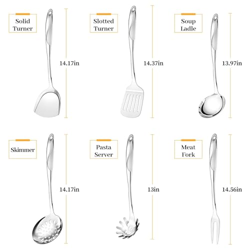 Hunnycook Stainless Steel Cooking Utensils Set - 6 Piece Kitchen Utensils Set, One Piece Seamless Handle Stainless Steel Utensils with Hanging Hole, Dishwasher Safe, Silver