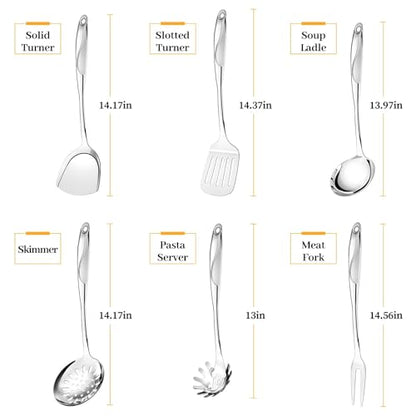 Hunnycook Stainless Steel Cooking Utensils Set - 6 Piece Kitchen Utensils Set, One Piece Seamless Handle Stainless Steel Utensils with Hanging Hole, Dishwasher Safe, Silver