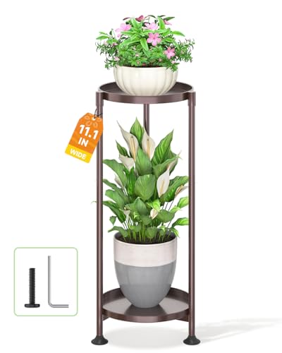 LASZOLA Metal Plant Stand Indoor Tall with 11 Inch Large Tray 2 Tier Brown | Morden Corner Plant Holder Rack, Sturdy Vertical Single Flower Shelf for Living Room Bedroom Patio - color: Bronze, size: 2 Tier