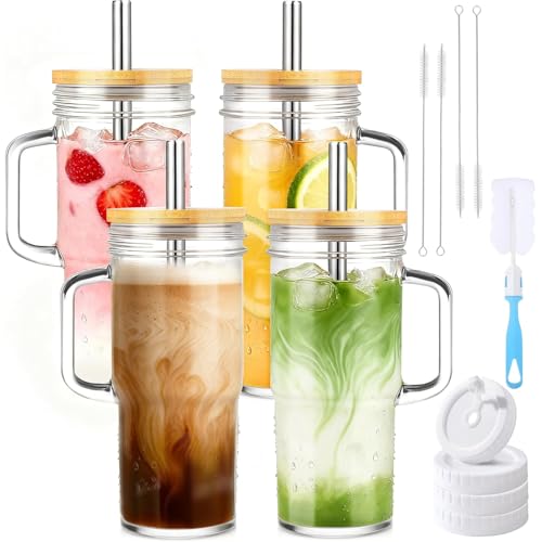 Birity Glass Cups with Lids and Straws,24oz Glass Tumbler With Handle,4 Pack Reusable Iced Coffee Cup with Lids-Mason Jar with Lid and Straw,Boba Cup for Cold & Hot Drinks,Smoothies Cup,Travel Mug - color: 24 oz 4-pack classic