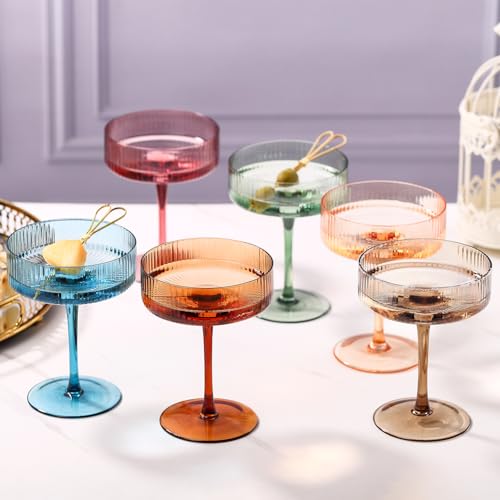 Colored Coupe Glasses Set of 6 |9 oz martini Glasses |Colorful Cocktail Glasses Set,Colored Coupe Glass,Champagne Coupe Glasses for Cocktail,Martini,Champagne - color: mixcolor