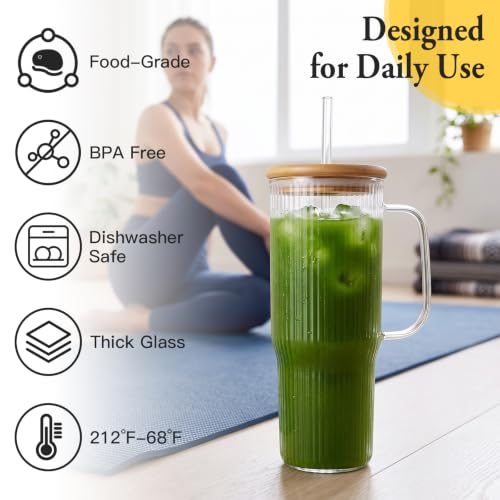 40 oz Glass Tumbler with Handle, Large Glass Tumbler with Straws and Lids, 2 Pack Ribbed Drinking Cups for Iced Coffee, Boba, Smoothies, Juice and Water