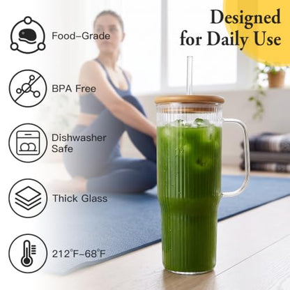 40 oz Glass Tumbler with Handle, Large Glass Tumbler with Straws and Lids, 2 Pack Ribbed Drinking Cups for Iced Coffee, Boba, Smoothies, Juice and Water