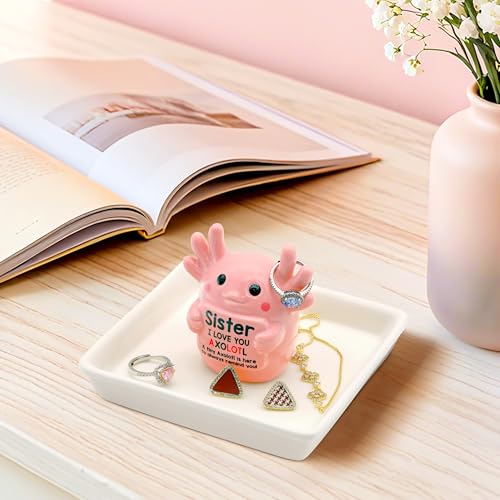Sister Birthday Gifts for Sister, Pink Ceramic Axolotl Ring Holder Dish | Cute Pink Axolotl Jewlery Tray with 'I love you axolotl' Birthday Christmas Gift for Sister from Brother - style: Axolotl Sister